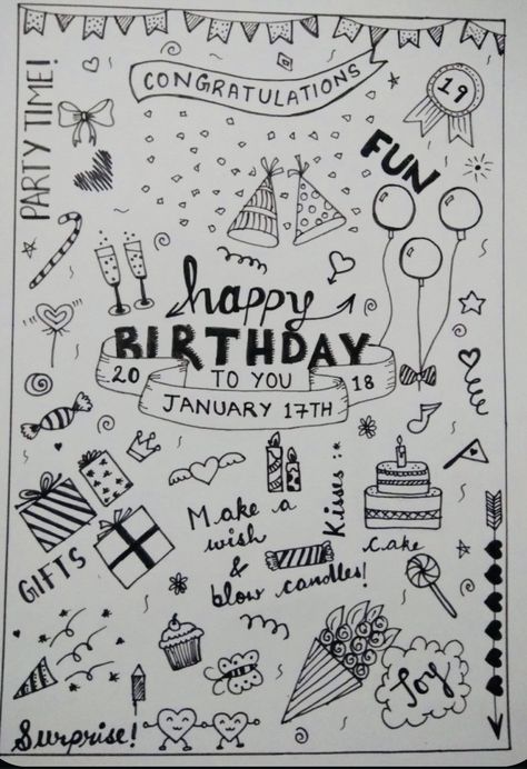 Birthday Wish Drawing, Birthday Wishes Drawing Ideas, Doodles For Dads Birthday, Happy 21st Birthday Drawing, Birthday Sketch Art Drawings, Birthday Doodles Aesthetic, Birthday Celebration Drawing, Birthday Sketch Art, Bday Doodles