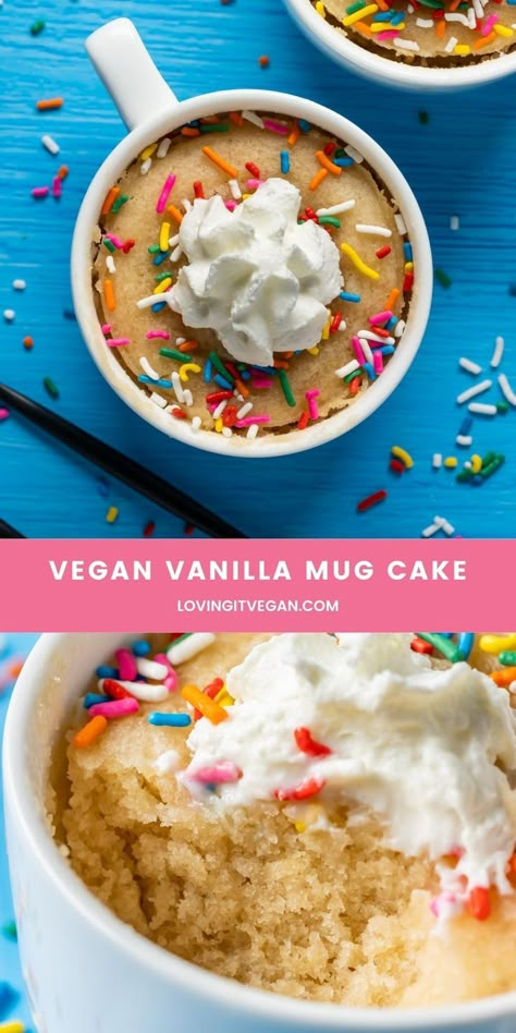 This vegan vanilla mug cake is fluffy, moist and rich and made in 90 seconds in the microwave! The easiest and most delicious one-serving cake recipe ever. | lovingitvegan.com Single Serving Cake Recipe, Vanilla Mug Cake, Mugcake Recipe, Gluten Free Mug Cake, Vegan Mug Cakes, Vegan Vanilla Cake, Mug Cake Healthy, Microwave Dessert, Easy Mug Cake