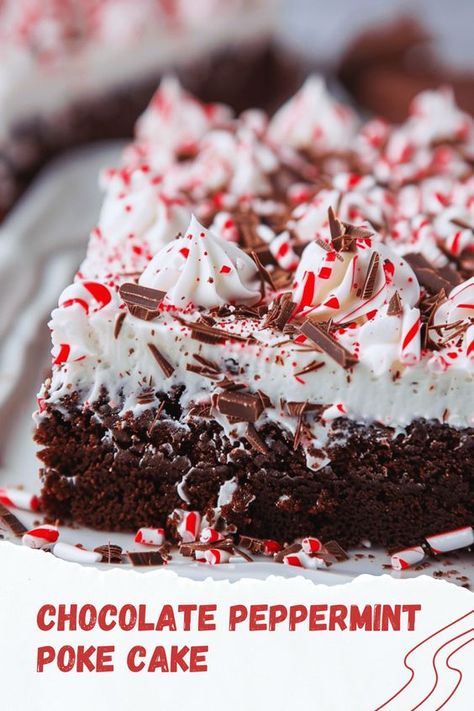 Celebrate the holidays with our Chocolate Peppermint Poke Cake. This festive dessert features a rich chocolate cake infused with peppermint syrup, topped with fluffy peppermint frosting and crushed candy canes. A perfect blend of chocolate and mint for winter! Chocolate Peppermint Poke Cake, Chocolate Mint Poke Cake, Chocolate Peppermint Dessert Recipes, Christmas Cranberry Poke Cake, Peppermint Deserts, Peppermint Extract Recipes, Peppermint Poke Cake, Peppermint Desserts Christmas, Chocolate Peppermint Bundt Cake