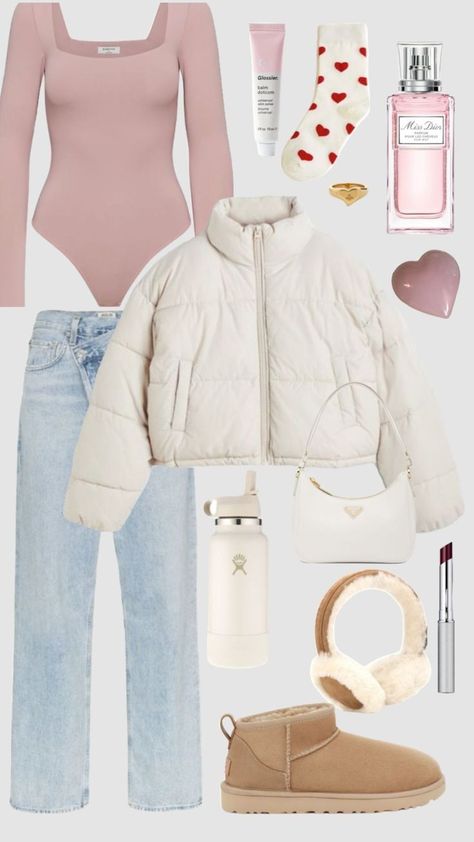 Miss Match Outfits, Trendy Puffer Jacket, Fluffy Earmuffs, Glossier Balm, Miss Dior Perfume, Wide Leg Jeans Outfit, Match Outfits, Outfit Tips, Bold Lipstick