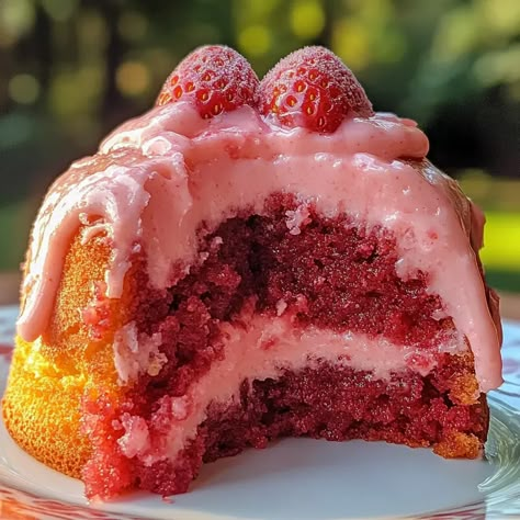 Strawberry Honeybun Cake with Creamy Strawberry Icing - Grammy Recipes Strawberry Cake With Glaze, Best Spring Desserts, Strawberry Hunny Bun Cake, Strawberry Honey Bun Cake Recipe, Strawberry Honeybun Cake Recipe, Strawberry Honey Bun Cake, Strawberry Honeybun Cake, Strawberry Bundt Cake Recipes, Strawberry Cake Icing