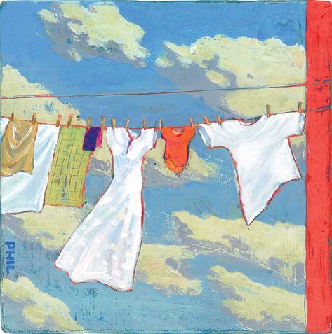 Hanging Clothes Illustration, Clothesline Art, Nostalgic Illustration, Laundry Art, 심플한 그림, Clothes Lines, Whimsical Art Paintings, Drawing Examples, Conceptual Illustration