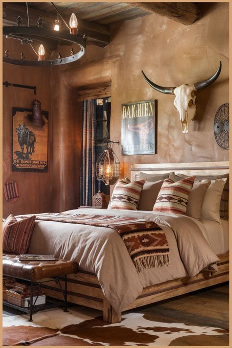 Rustic bedroom with a bed adorned in patterned textiles, a cow skull wall decoration, leather accents, and warm, earthy tones. Mens Aesthetic Bedroom, Western Room Theme, Diy Western Bedroom, Cute Western Bedroom Ideas, Small Western Bedroom Ideas, Western Gothic Bedroom, Cowboy Themed Bedroom, Simple Western Home Decor, Rustic Western Bedrooms