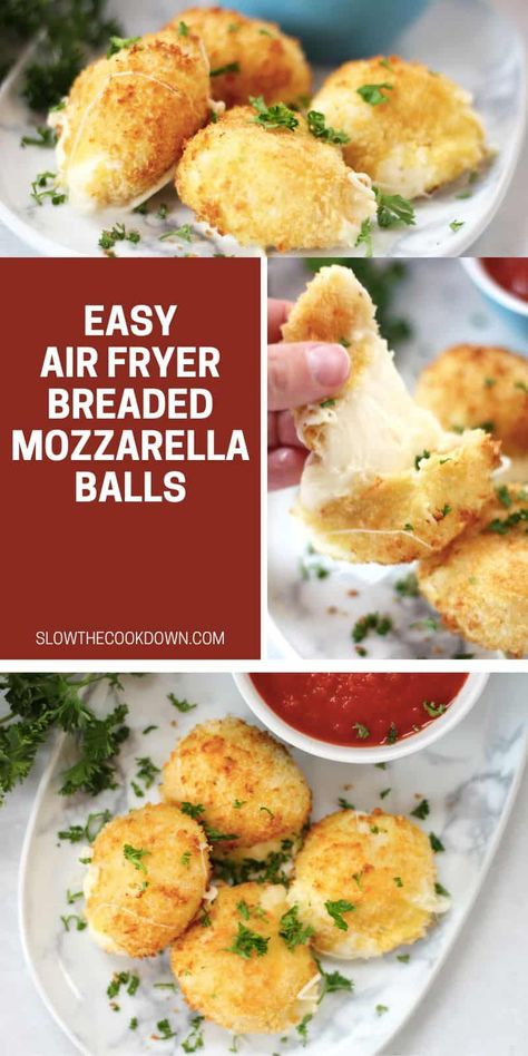 Crispy and gooey, these breaded mozzarella balls come out so perfectly when cooked in the air fryer. Simple to make and quick to cook, serve them up with some marinara sauce, for a tasty and indulgent crowd pleasing appetizer. Air Fryer Mozzarella Balls, Air Fryer Appetizers, Mozzarella Balls, Breaded Shrimp, Cooks Air Fryer, Brie Bites, Crowd Pleasing Appetizers, Cheese Balls, Cooking Set