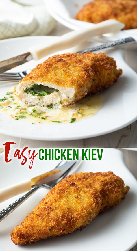 Chicken breasts are butterflied, stuffed with butter and herbs, and pan-fried for a simplified but deliciously decadent Chicken Kiev recipe. #chickenkiev #retrorecipe #classicrecipe #stuffedchicken #panfriedchicken #stuffedfriedchicken #chickenbreasts #aspicyperspective #chickendinner #chicken #russian Chicken Snitchel Recipes, Chicken Keiv Recipe, Russian Dinner Recipes, Russian Chicken Recipe, Stuffed Fried Chicken, Kiev Recipe, Chicken Kiev Recipe, Undercooked Chicken, Chicken Kiev