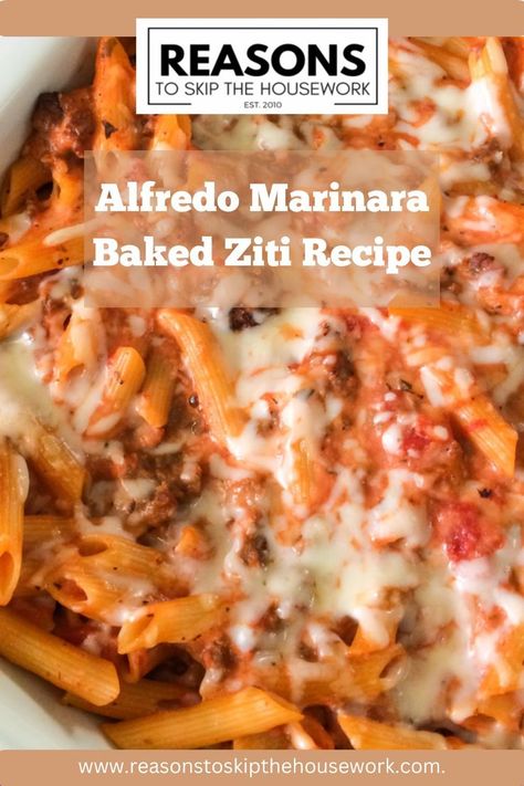 an image of Alfredo Marinara Baked Ziti on a white bowl. One Pot Pasta Alfredo Easy Recipes, Baked Pasta With Alfredo And Marinara, White Sauce Baked Ziti, Alfredo And Pasta Sauce Mixed, Mix Alfredo And Marinara, Pasta Bake With Alfredo And Marinara, Chicken Alfredo Marinara Pasta, Alfredo And Marinara Pasta Crockpot, Alfredo Meat Sauce Pasta