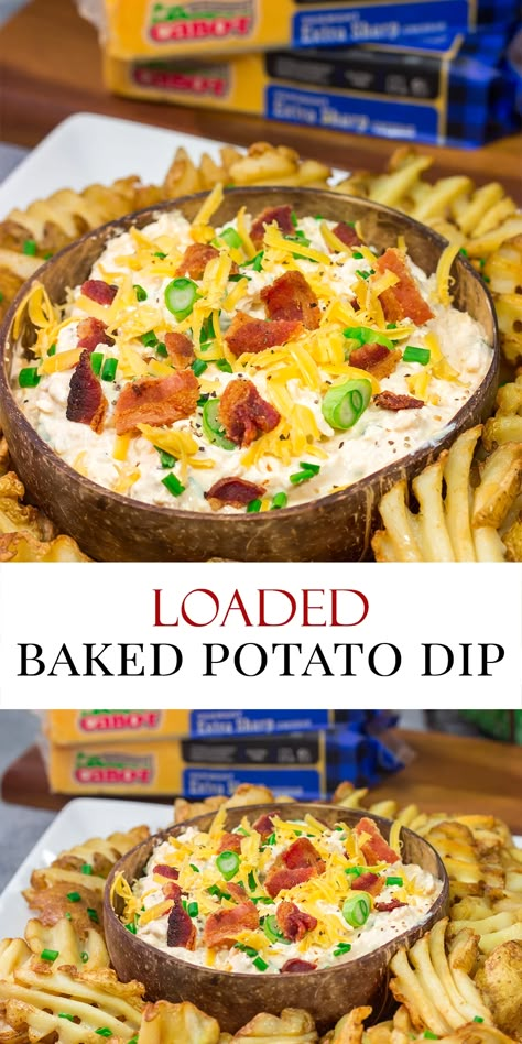 Loaded Baked Potato Dip | All of your favorite baked potato toppings! Twice Baked Potato Dip, Baked Potato Dip Recipe, Loaded Potato Dip, Loaded Baked Potato Dip Crockpot, Bake Potato Dip, Loaded Baked Potato Dip, Potato Dip, Baked Potato Ideas, Chili Loaded Baked Potato