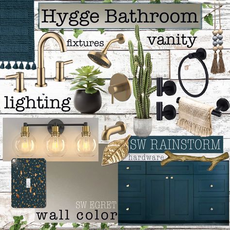 Mix of natural industrial and hygge bathroom decor. Gold metallic pumping fixtures. Vanity in a dark teal color with bright countertops. Hardware is a gold leaf for knobs and gold branch for cabinet pulls. Woven rug and light switch cover coordinate in the same dark teal as the cabinets. Final touch accents of succulents and cactus in neutral toned minimalist vases. Gold Teal Bathroom, Sw Rainstorm Cabinets, Gold And Turquoise Bathroom, Dark Brown Bathroom Cabinets Gold Hardware, Jade And Gold Bathroom, Turquoise Vanity Bathroom Ideas, Dark Blue And Gold Bathroom Ideas, Turquoise Gold Bathroom, Dark Teal Cabinets Bathroom