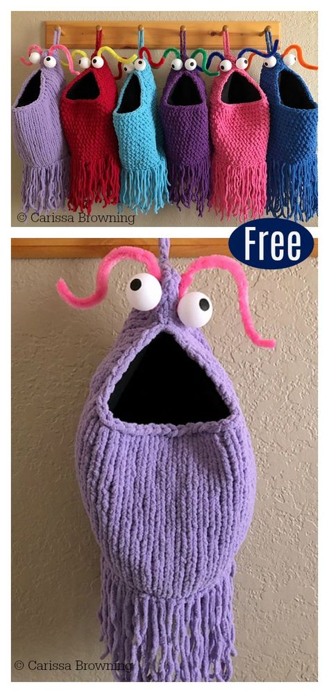 Yip Yips Hanging Baskets Free Knitting & Crochet Pattern. Diy Tricot, Yip Yip, Easy Knitting Projects, Knitting Bag, Crochet Basket Pattern, Bag Sewing, Free Knitting Pattern, Granny Squares, Easy Knitting