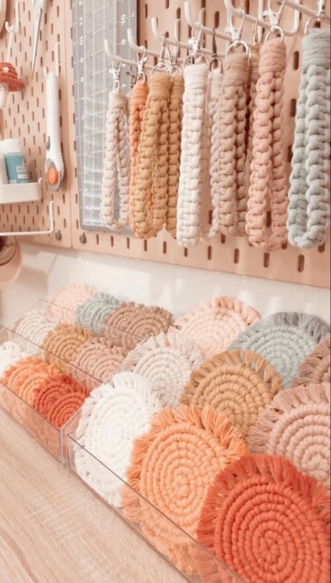 #aesthetic #coasters #bohodecoration #bohostyle #macrame #homedecoration Craft Sale Aesthetic, Boho Craft Show Display, Macrame Selling Ideas, Macrame Projects To Sell, Macrame Ideas To Sell, Macrame Display Ideas, Macrame To Sell, Macrame Market Display, Macrame Patterns Beginner