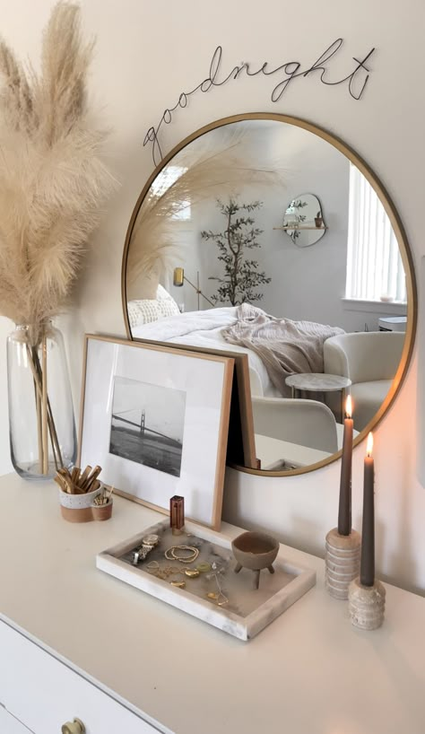 Large Mirror Behind Nightstand, Bedroom Jewelry Display, Bedroom Photo Decor Ideas, Aesthetic Bedroom Accessories, Mirrored Nightstand Decor, Office Without Windows Ideas, Mirror Over Dresser Bedroom, Dresser Top Decor Ideas, Aesthetic Dresser Decor