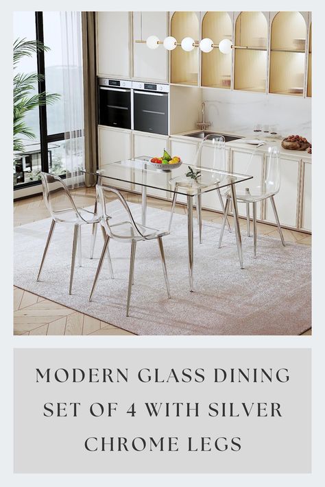 5-Pieces Dining Table Set:Including a rectangular glass table and four clear dining chairs.This modern dining table set is designed with simple lines and transparent feature, making it the perfect modern addition to any dining room kitchen decor. #modern #interiordesign #diningtable #diningchair #diningset #ghostchair #ghosttable Sarah Core, Modern Dining Room Sets, Dining Room Table Sets, Clear Dining Chairs, Glass Dining Table Set, Glass Dining Set, Modern Dining Table Set, Modern Addition, Dining Room Table Set