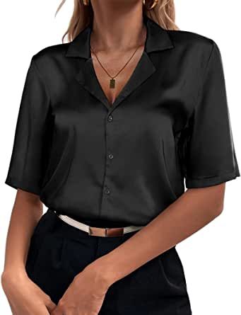 Dressy Shirts For Women Formal, Silk Short Sleeve Button Up, Black Silk Button Up, Black Silk Shirt Outfit, Black Satin Shirt Outfit, Button Shirt Outfit, Short Sleeve Shirt Outfit, Silk Shirt Outfit, Tailored Outfits