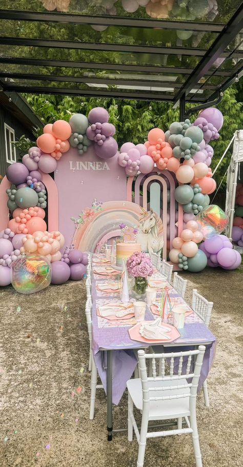 Linnea’s Whimsical Unicorn Birthday  | CatchMyParty.com Unicorn Bday Party, Unicorn Pastel Birthday Party, Unicorn Birthday Party Pastel Colors, Pastel Rainbow And Unicorn Party, Unicorn And Rainbow Birthday Party, Unicorn Party Ideas Decoration, Modern Unicorn Birthday Party, Pastel Rainbow Birthday Party, Unicorn Birthday Party