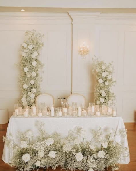 Simple White Sweetheart Table, Babies Breath Sweetheart Table, Baby Breath Sweetheart Table, Baby's Breath Sweetheart Table, Babys Breath Wedding Florals, White Flower Centerpieces Wedding, Sweetheart Table Flower Arrangements, Pearl Accents Wedding, White Sweetheart Table