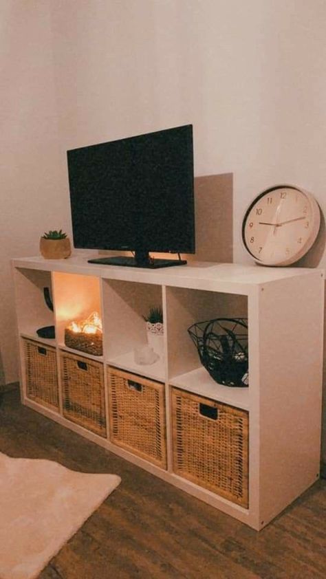 Ikea Cube Entertainment Center, Cube Storage With Tv Above, Tv Stand Ideas With Storage, Tv Stands Ideas For Bedroom, Cubes As Tv Stand, Cube Storage Tv Stand Bedroom, Ikea Cubes Tv Stand, Apartment Cube Storage, Cubes Storage Bedroom