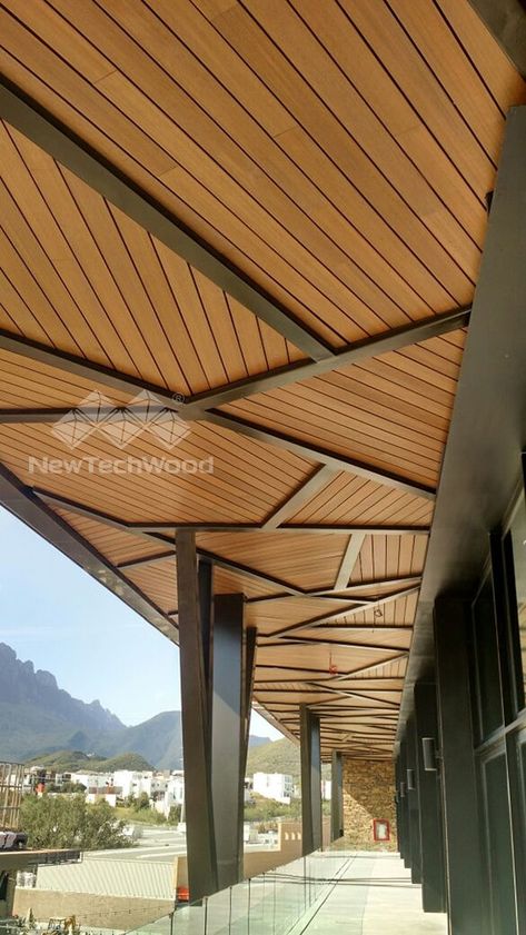 Carport Ceiling Ideas, Cladded Ceiling, Hpl Exterior Cladding, Wooden Cladding Exterior, Wall Cladding Designs, Wooden Ceiling Design, Roof Cladding, Ceiling Cladding, Wooden Cladding