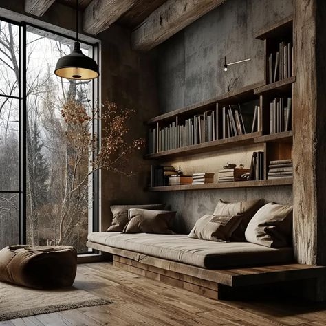 Home Decor Mountain Style, Modern Wood Living Room Decor, Mens Reading Nook, Loft Reading Nook, Dream Library Cozy Reading Room, Book Reading Corner, Reading Corner Design, Corner Design Ideas, Modern Reading Nook