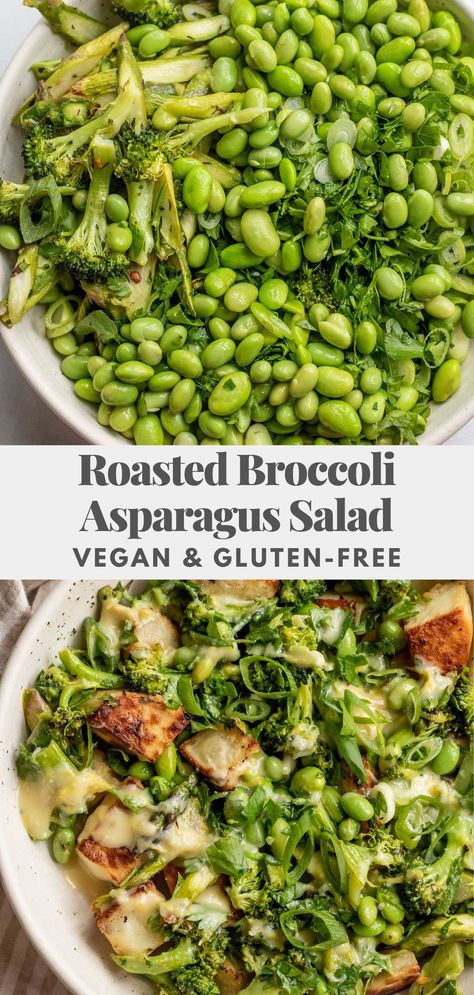 This roasted broccoli asparagus salad is tossed in a creamy roasted garlic lemon dressing that will make you excited about getting your vegetables in. Tasty Vegetable Recipes, Summer Vegan Recipes, Good Salads, Vegan Meal Prep Recipes, Protein Vegan Recipes, Veggie Salads, High Protein Vegan Recipes, Asparagus Recipes, Asparagus Salad