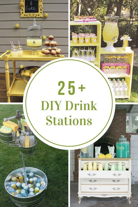 DIY Drink Stations Backyard Party Food Table, Graduation Party Drinks, Outdoor Drink Station, Bridal Shower Food Table, Bridal Party Table Decorations, Backyard Party Food, Beverage Station Party, Party Food Table, Drink Stations