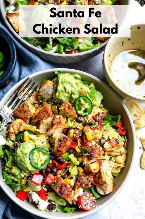 Santa Fe Salad is a flavorful, veggie loaded salad. Lots of textures and spice, perfect for an easy weeknight dinner. via @sailor_bailey Chipotle Honey Vinaigrette, Santa Fe Salad, Santa Fe Chicken Salad, Sailor Bailey, Santa Fe Chicken, Chipotle Powder, Honey Vinaigrette, Chipotle Peppers, Healthy Bowls