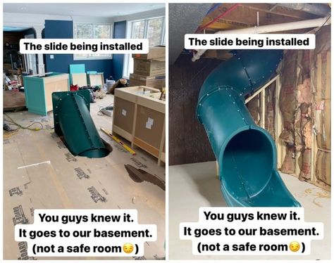 Slides Inside The House, House Slide Indoor, Slide Into Basement, Built In Slide In House, House With Slide Inside, Slide In Playroom, Slide Inside House, Hidden Slides In Houses, Slide In House To Basement