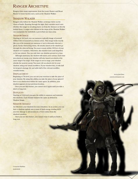 Ranger Archetype - Shadow Walker Ranger Archetype, Dnd Archetypes, Homebrew 5e, Hero Archetype, Shadow Walker, Ranger Dnd, Dnd Homebrew, D D Classes, Dnd Races