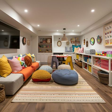 Basement Play And Family Room, Kids Playroom With Tv And Couch, Playful Family Room, Basement Family Playroom, Windowless Playroom, Living Room Designs Family Friendly, Playroom Basement Family Room, Basement Playroom Guest Room Combo, Kid Loft Playroom