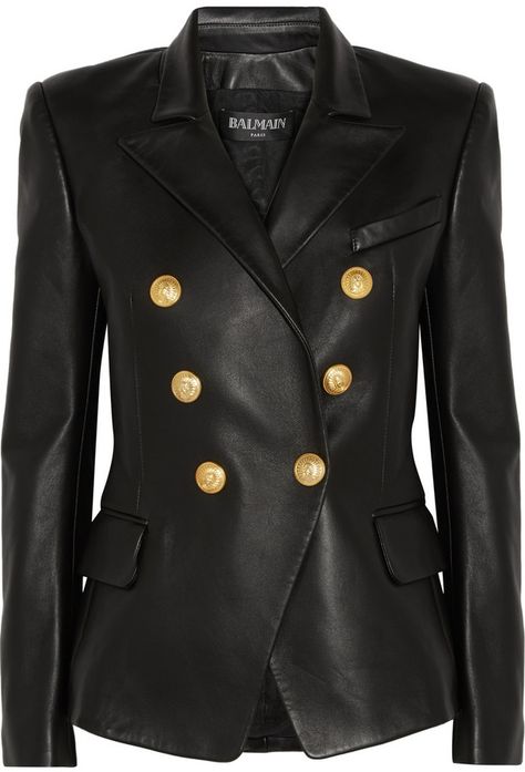 Balmain Double-Breasted Leather Blazer      <>   @kimludcom Balmain Pants, Balmain Jacket, Leather Blazer Women, Balmain Blazer, Balmain Clothing, Olivier Rousteing, Blazer Jackets For Women, Black Everything, All Black Everything