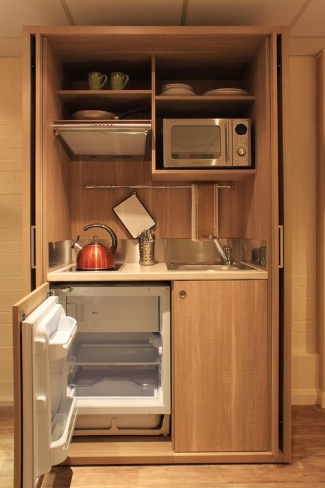 Hotel Kitchenette, Concealed Kitchen, Micro Kitchen, Small Kitchenette, Minimalist Studio, Tiny Kitchen Design, Small Apartment Kitchen, Hidden Kitchen, Tiny House Kitchen