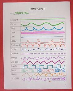 Vocal exploration of melodic contour.... perhaps use Educreations app as "template" to let the kids record the sounds each line makes. Grade 1 Art, Classe D'art, Art Handouts, First Grade Art, Types Of Lines, 1st Grade Art, Lines And Shapes, Elements And Principles, Art Worksheets