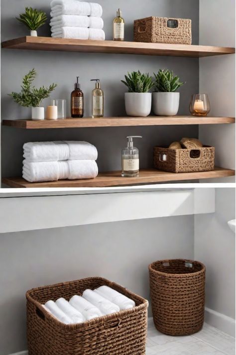 Small bathroom with clever storage solutions Small Bathroom Interior Shelves, What To Put On The Back Of The Toilet, Organizing Open Bathroom Shelves, Bathroom Shelves Decor Ideas Built Ins, Bathroom Shelving Styling, Open Shelving Over Toilet, Modern Farmhouse Small Bathroom Ideas, Organize Bathroom Shelves, Organizing Bathroom Shelves