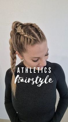 Two Braids Into A Ponytail Sports, Athletic Hairstyles High Ponytails, Braids Sports Athletic, Braided Hairstyles For Runners, Double Braid Into Ponytail, Two Braids High Ponytail, Hairstyles With High Ponytails, Braid To A Ponytail, Ponytail With Braid In The Middle