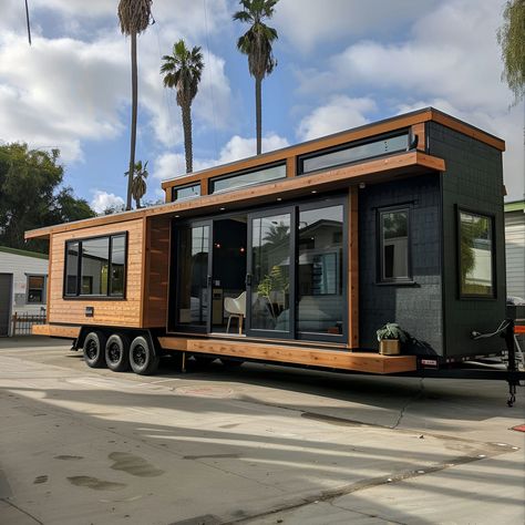 Discover this modern tiny house with a stylish black and natural wood exterior, built on a triple-axle trailer for easy mobility. Large windows and sliding glass doors flood the interior with natural light. Set in an urban or suburban environment with palm trees and a paved area, it features a small planter adding a touch of greenery to the sleek design. Perfect for those seeking a chic, portable living space. Black And Natural Wood Exterior, Backyard Studio Plans, Tiny House On A Trailer, Tiny House Luxury Small Homes, Airbnb Tiny House Ideas, Portable Tiny House Trailers, Modern Tiny House Design Floor Plans, Nomad Architecture, Container Homes Ideas Design