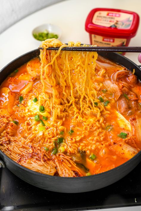 Budae Jjigae (One-Pot Korean Army Stew) - One Happy Bite Korean Yummy Food, Korean Stew (jjigae), Korean Stew Recipes, Korean Camping Food, Korean Army Stew Recipe, Korean Stews, Korean Food Recipes Easy, Traditional Chinese Food Recipes, Army Stew Recipe