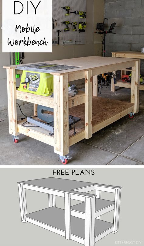 Workbench With Table Saw, Diy Mobile Workbench, Table Saw Workbench, Garage Organizing, Workbench Plans Diy, Mobile Workbench, Diy Table Saw, Woodworking Bench Plans, Diy Workbench