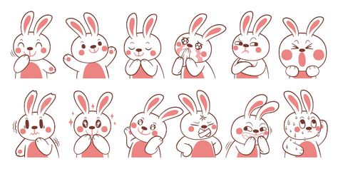 Animal Emotions, Bunny Emoji, Bunny Character, Rabbit Character, Cartoon Expression, Rabbit Drawing, Funny Rabbit, Vector Character Design, Happy New Year 2023