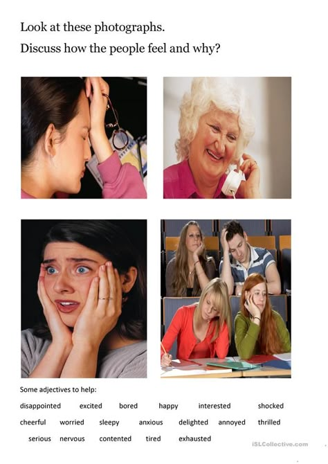 Feelings & Emotions - English ESL Worksheets for distance learning and physical classrooms Picture Based Discussion, Ma English Literature, Speaking Activities English, English Worksheets For Kindergarten, Esl Teaching Resources, Describe Feelings, Esl Vocabulary, Mood Tone, Speaking Activities