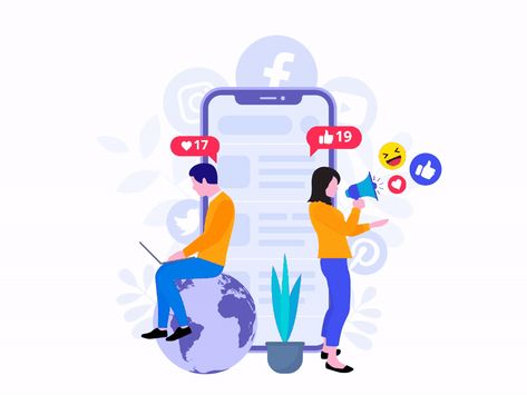 Social media marketing flat illustration by Oleksii Kolosov Social Media Marketing Illustration, Social Media Gif Animation, Digital Marketing Animation, Social Media Marketing Video, Digital Marketing Illustration, Social Media Gif, Social Media Animation, Social Media Illustration, Robot Picture