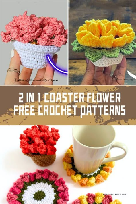 Crochet Flower Coaster Patterns, Crocheted Flower Pot Coasters, Crochet Flower Coasters In Pot, Crochet Flower Placemats, Crochet Coaster Basket Free Pattern, Coaster Flower Crochet, Crochet Patterns Flowers Free, Flower Pot Crochet Pattern Free, Crochet Flower Pot Coasters Free Pattern