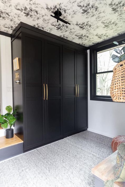 How we DIY'ed built in Ikea Pax Wardrobes in our mudroom to create extra mudroom storage! We love using wardrobes instead of a closet! Mudroom Closet, Ikea Wardrobe, Ikea Pax Wardrobe, Pax Wardrobe, Ikea Bedroom, Kpop Ideas, Diy Wardrobe, Diy Ikea, Green Door