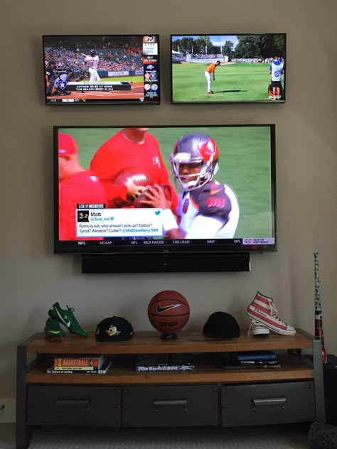 The ultimate multiple screen TV wall in his sports room. Man Cave Bar Diy, Sports Man Cave, Cave Design, Tv Mounted, Man Cave Design, Cave Room, Swivel Tv Stand, Swivel Tv, Man Cave Room