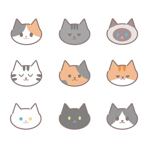 Set of cat faces icon | Premium Vector #Freepik #vector #background #pattern #baby #card Cat Faces Illustration, Cat Faces Drawings, Cat Face Type, Cute Cat Face Drawing, Drawings For Bookmarks, Jesmonite Inspiration, Cat Face Cartoon, Cat Face Illustration, Chibi Cats