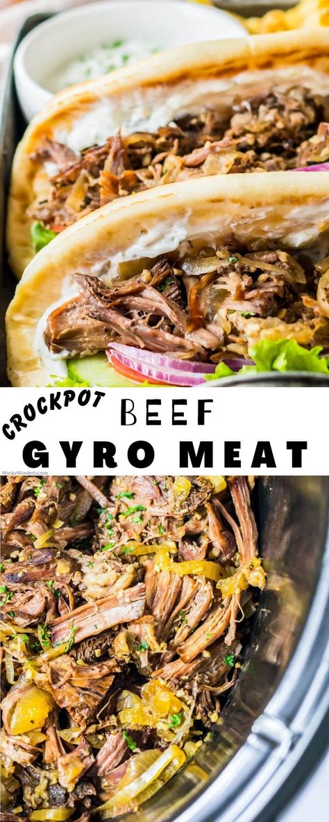 Gyro Crockpot Recipe, Crockpot Gyros Beef, Summer Roast Beef, Greek Gyros Beef, Homemade Gyro Bread, Greek Pot Roast, Summer Beef Roast Recipes, Pot Roast Gyros, Roast Beef Gyros