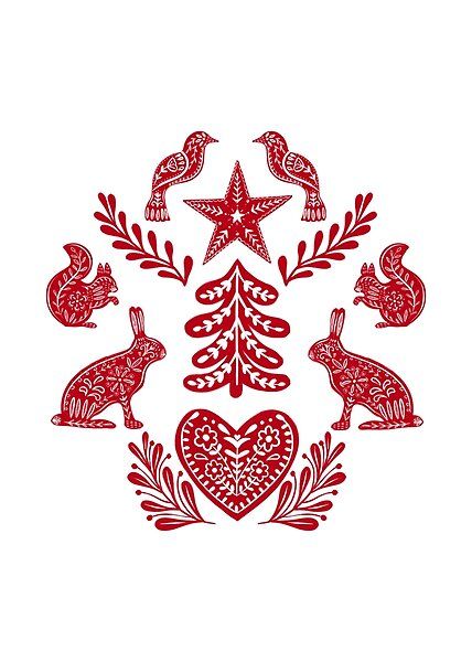 Scandi Christmas folk art with forest animals red by TinyFlowerArt | Redbubble Folk Art Hearts, Folk Art Squirrel, Symmetrical Illustration, Scandi Folk Art, Scandinavian Painting, Folksy Christmas, Christmas Folk Art, Folk Art Christmas, Folk Illustration