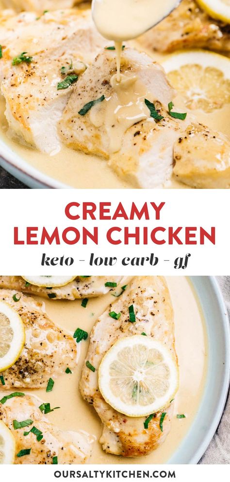 Creamy Lemon Chicken is rich and comforting without being heavy. This is a simple, frugal chicken recipe that easily satisfies a comfort food craving without too much guilt. Naturally low carb, keto, and gluten free, lemon chicken pairs perfectly with just about every side dish in your clean eating arsenal. Quick enough for weeknight dinners, and impressive enough for company, chicken with lemon creamy sauce is an instant classic. #chicken #keto #lowcarb #glutenfree #healthydinner