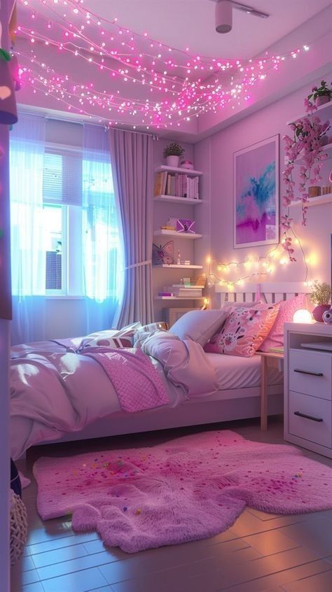 Pink And Purple Kids Room, Pink And Purple Girls Room, Small Girls Bedrooms, Pink Dorm Rooms, Teen Girl Bedroom Ideas, Dream Bedroom Inspiration, Big Girl Bedrooms, Statement Decor, Girl Bedroom Ideas