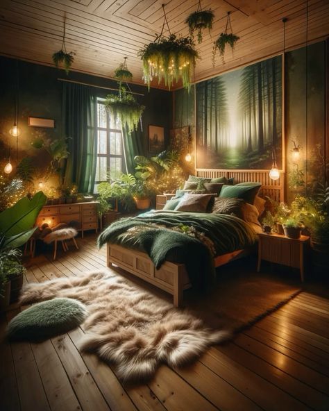 Breezy Bedroom, Greenery Bedroom, Small Home Decor Ideas, Room Greenery, Wooden Wall Decorating Ideas, Forest Green Bedrooms, Room Forest, Woodland Bedroom, Forest Bedroom