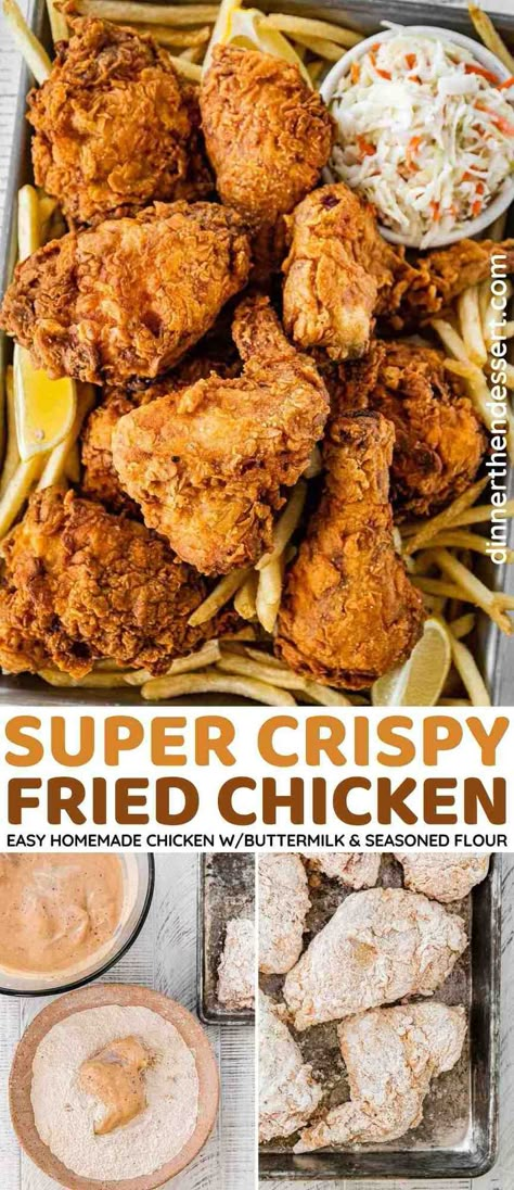 Super Crispy Fried Chicken made with buttermilk, chicken, hot sauce, and seasoned flour is crispy on the outside and tender on the inside! A perfect main course for dinner or a summer picnic! Super Crispy Fried Chicken, Fried Chicken With Flour And Egg, Chicken Flour Recipe, Crunchy Fried Chicken, Fried Chicken Dinner, Fried Chicken Recipe Southern, Kfc Chicken Recipe, Kitchen Management, Homemade Fried Chicken