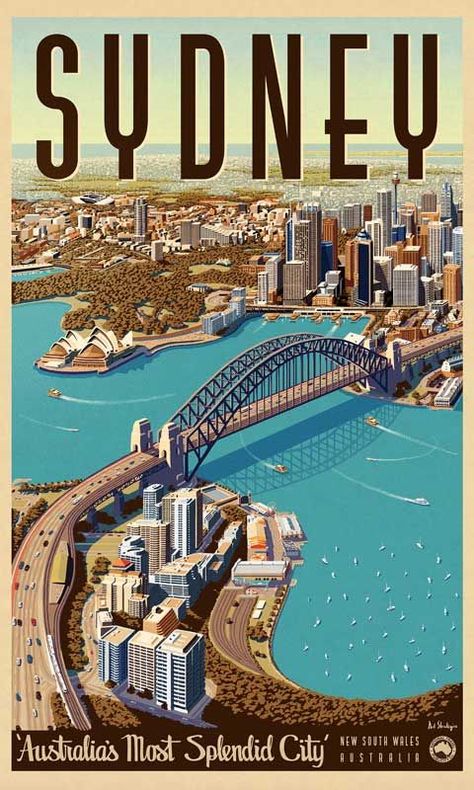 Sydney, Splendid City - Vintage Travel Poster by Vintage Portfolio Australia Poster Design, Vintage Travel Posters Australia, Vintage City Posters, City Posters Aesthetic, Travel Art Prints, Australia Graphic Design, Melbourne Poster, Channel Poster, Stare Reklamy